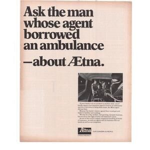 Aetna Life & Casualty Insurance Advertisement Vintage 1969 Ambulance B&W
